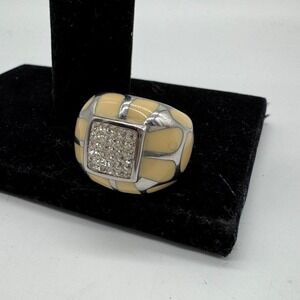 Edforce Stainless Steel Cream Enamel Pave Crystal Dome Statement Ring Size 7